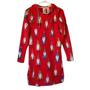 Munki Munki Red Gnome Print‎ Fleece Hooded Cozy Christmas Sleepwear Nightgown L